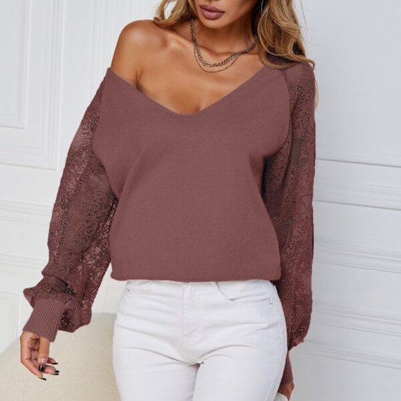 Boho Redwood Floral Lace sheer Sleeve Sweater Top - Picture 3 of 3